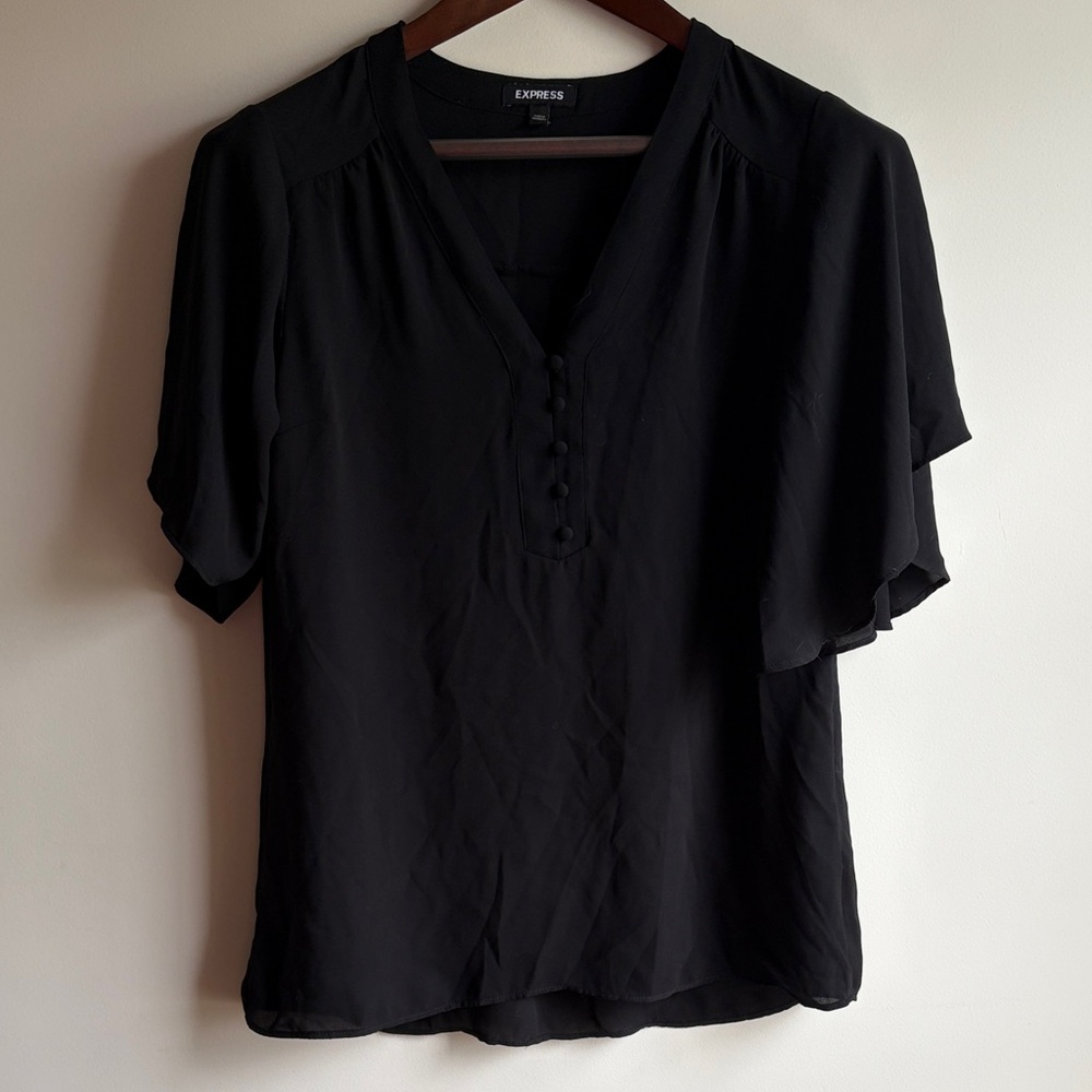 Express Black V-Neck Button Flutter Sleeve Blouse